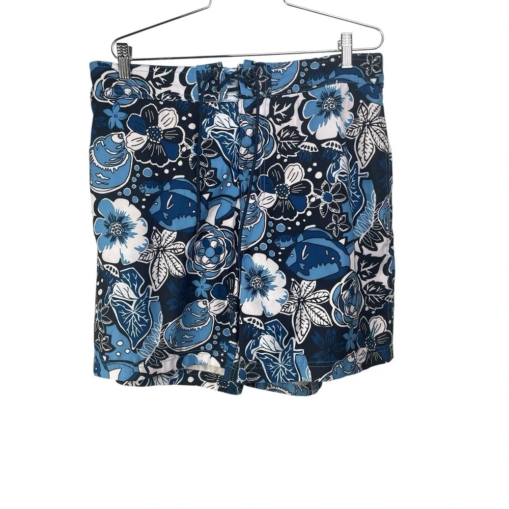 Nautica Mens Blue Tropical Hawaiian Floral Lined Swim Trunks Bathing Suit Size L